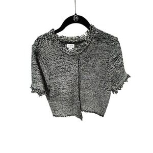 J.Crew Womens Blk White Marled Fringe Trim Short Sleeve Cardigan Sweater Size M